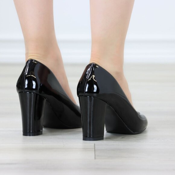 Classic Black Patent Block High Heel Slip On Pointed Toe Pumps Office Wear - Picture 4 of 10